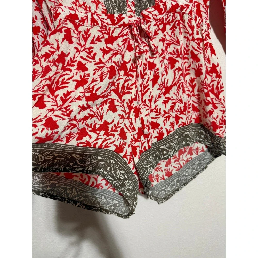 Free People Red White Botanical Print Long Sleeve Romper Button Front Medium‎